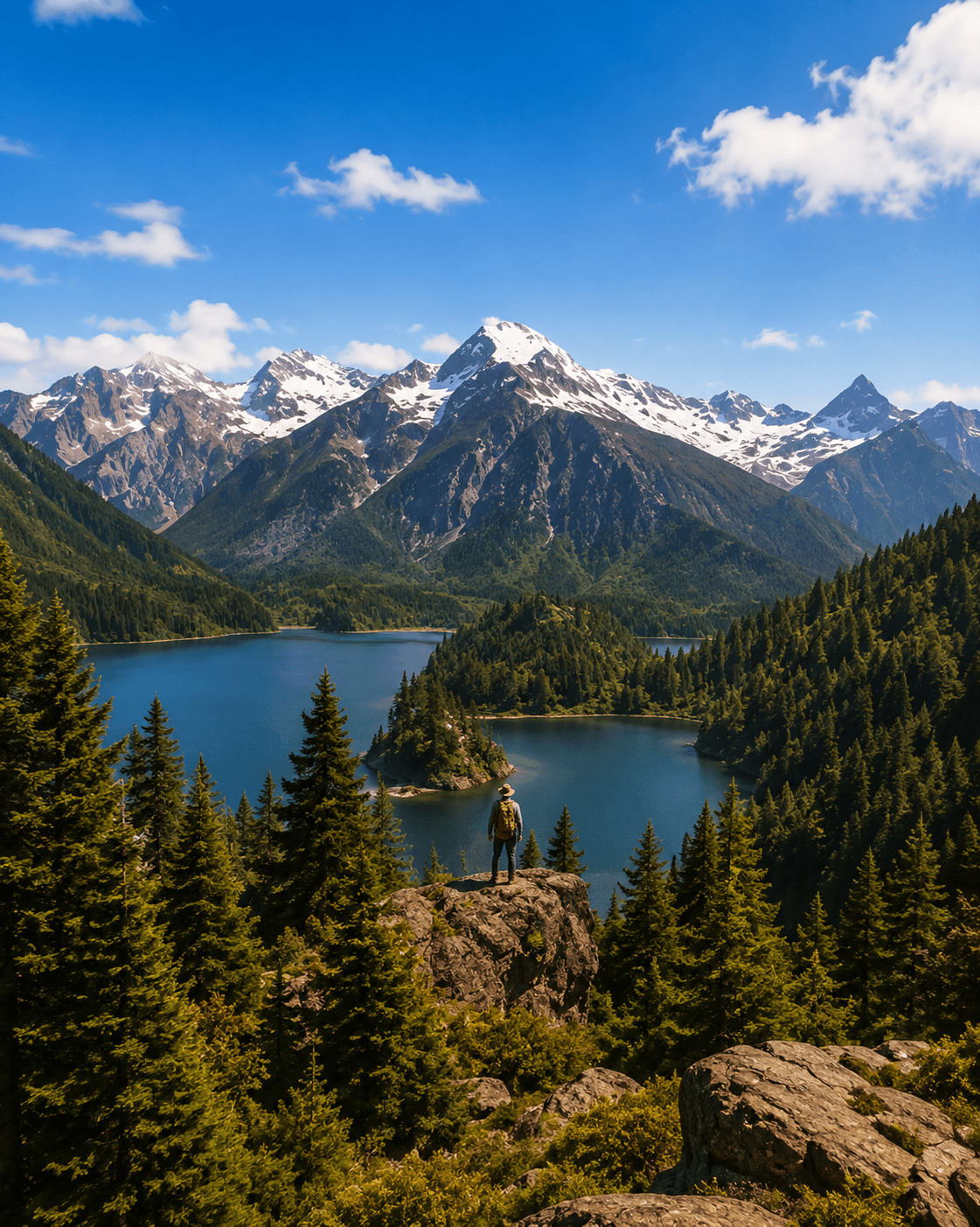 Alpine lake framed by pine forest