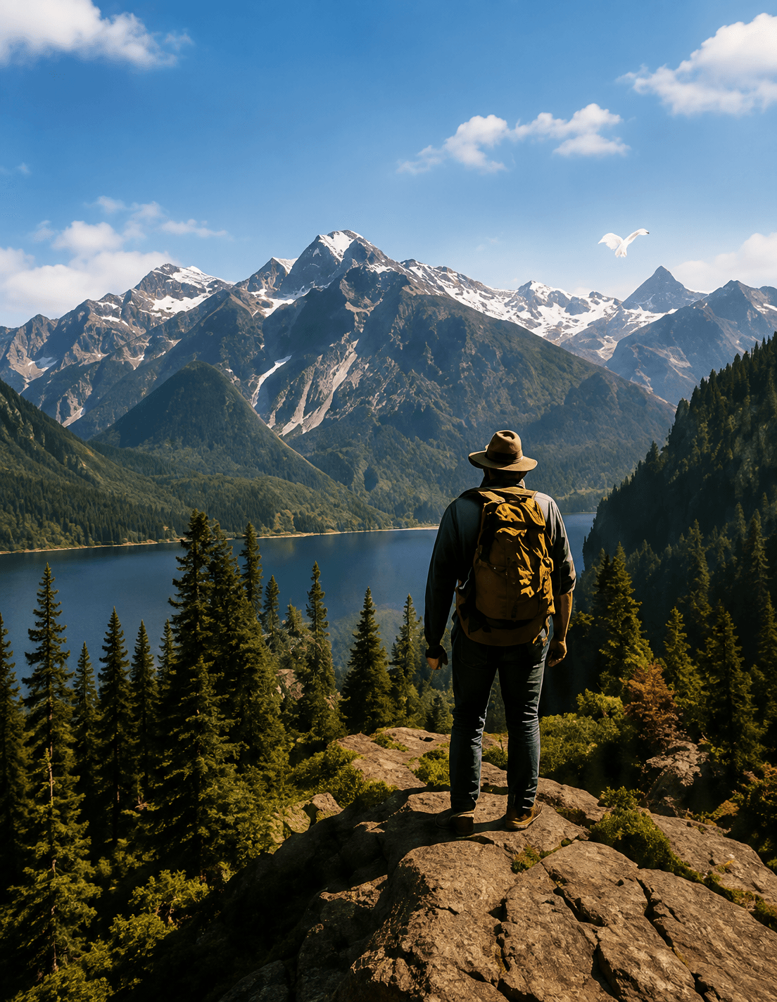 Traveller with a backpack looking over a mountain valley
