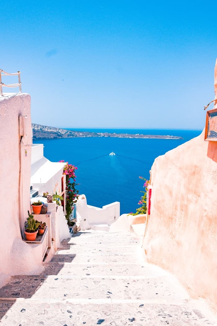 Santorini steps leading to the Aegean Sea