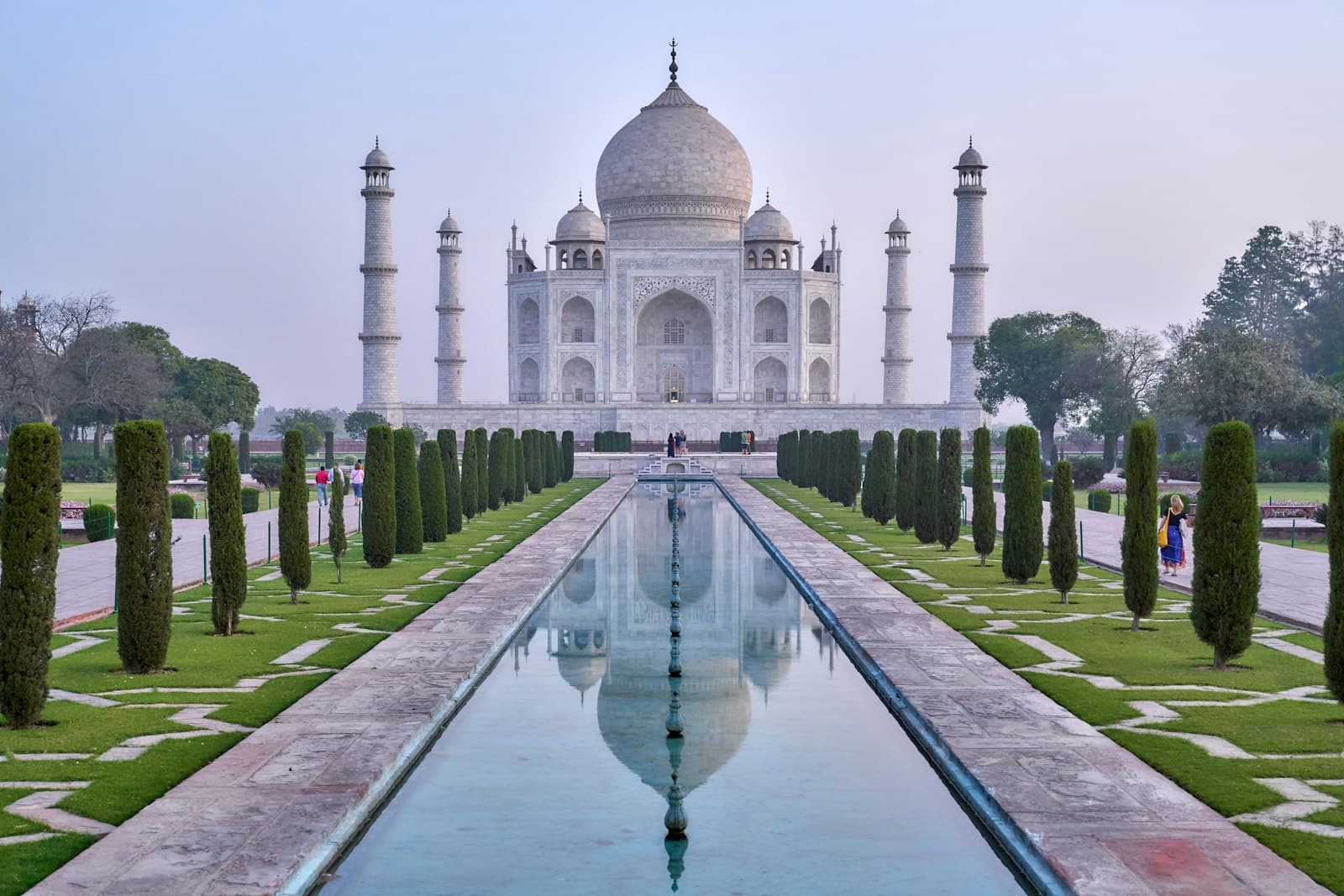 Taj Mahal reflected in its water channel