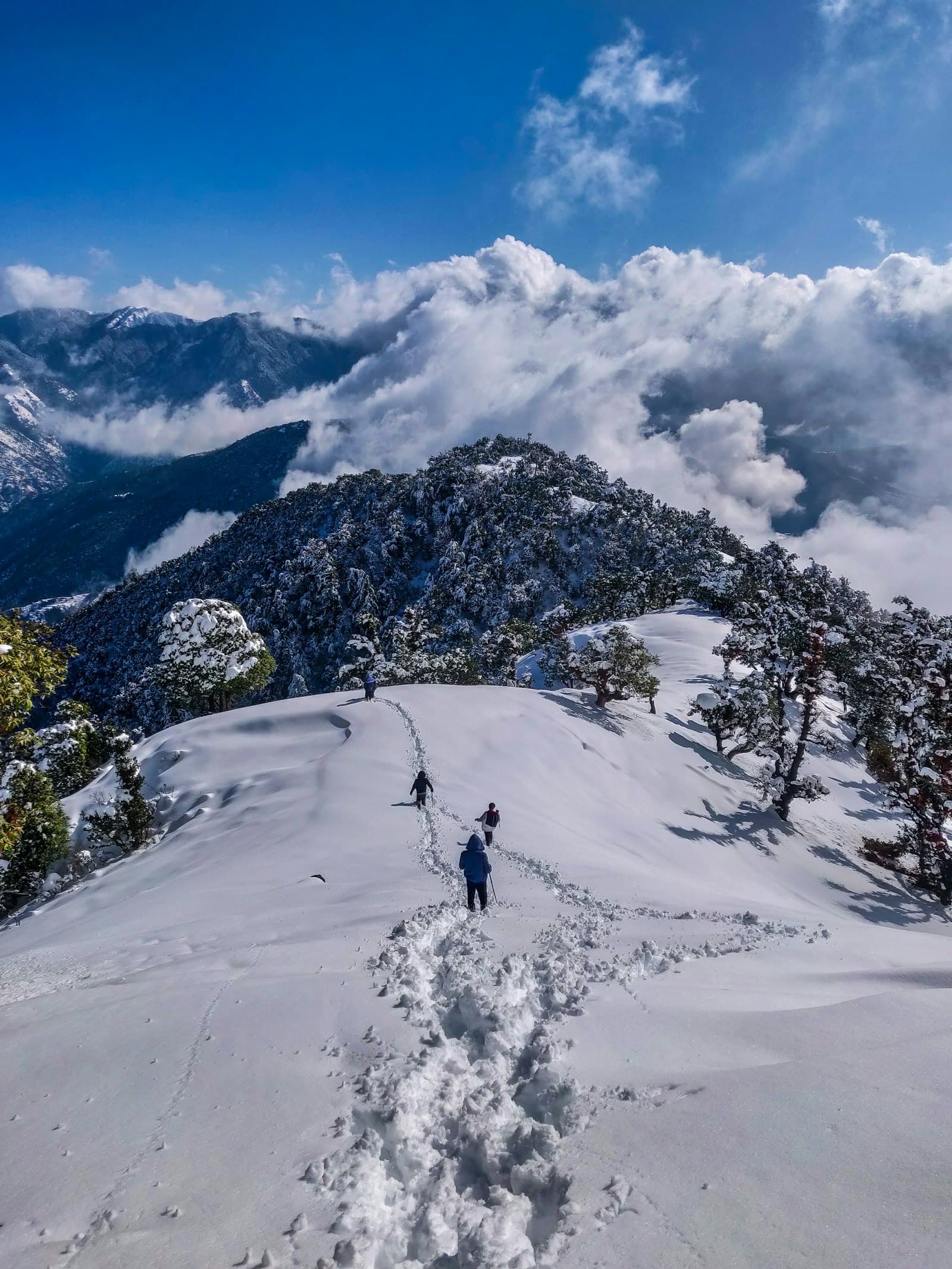 Trekkers on a snowy ridge