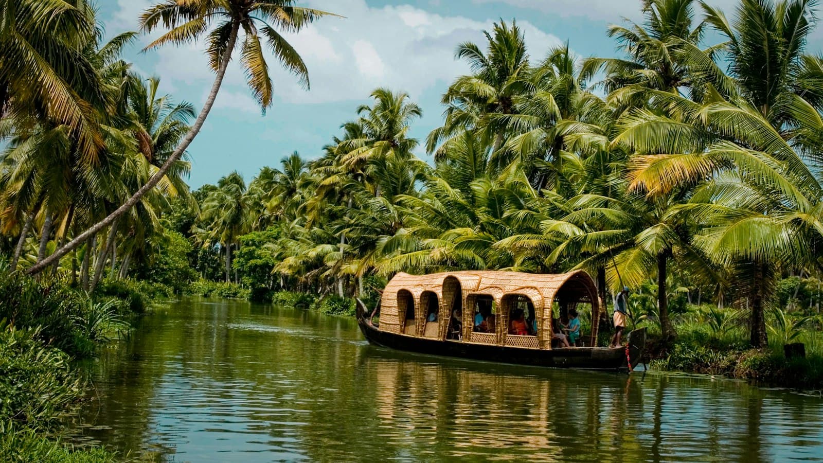 Houseboat under coconut palms