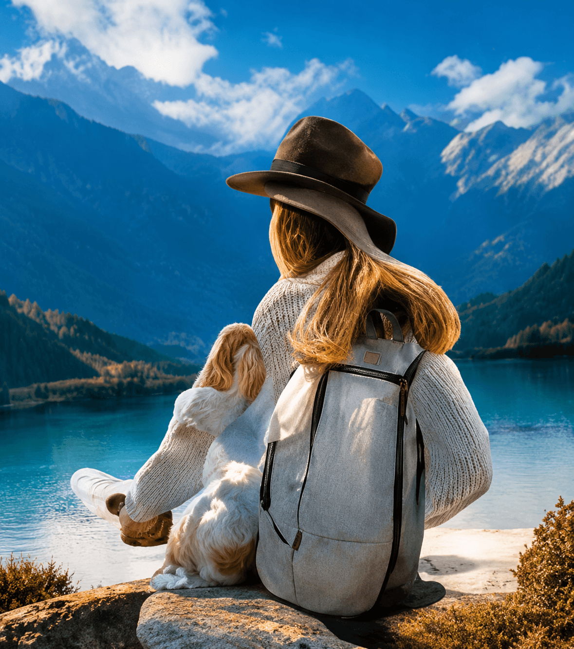 Woman with her dog at an alpine lake